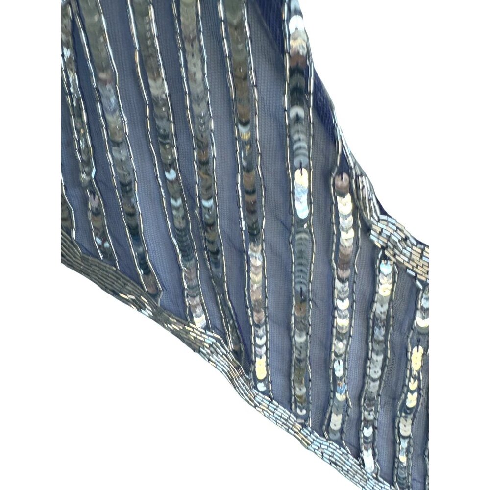 Blue Mesh Silver Sequin Glass Beaded Triangle Shawl Wrap Fringe 23" - Picture 8 of 11